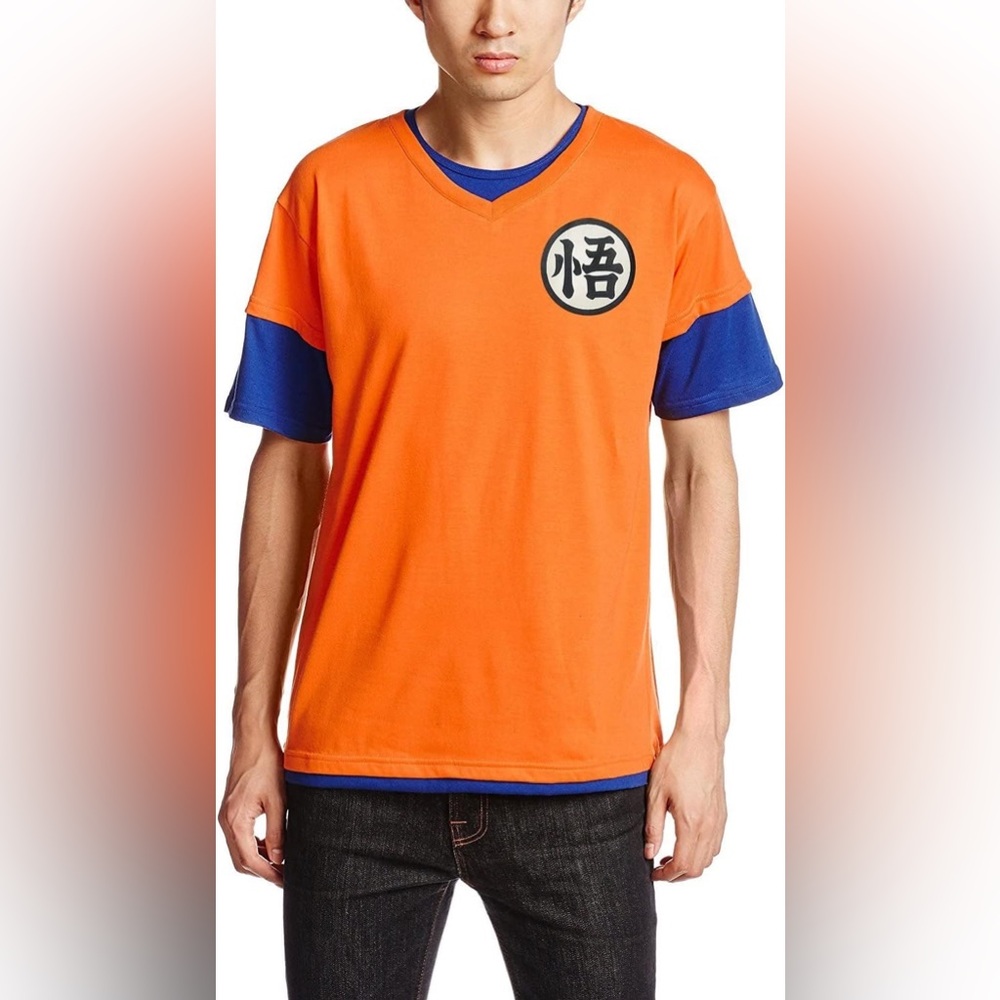 DRAGONBALL Z Men's Orange V-Neck Short Sleeve Tee with Blue Accents